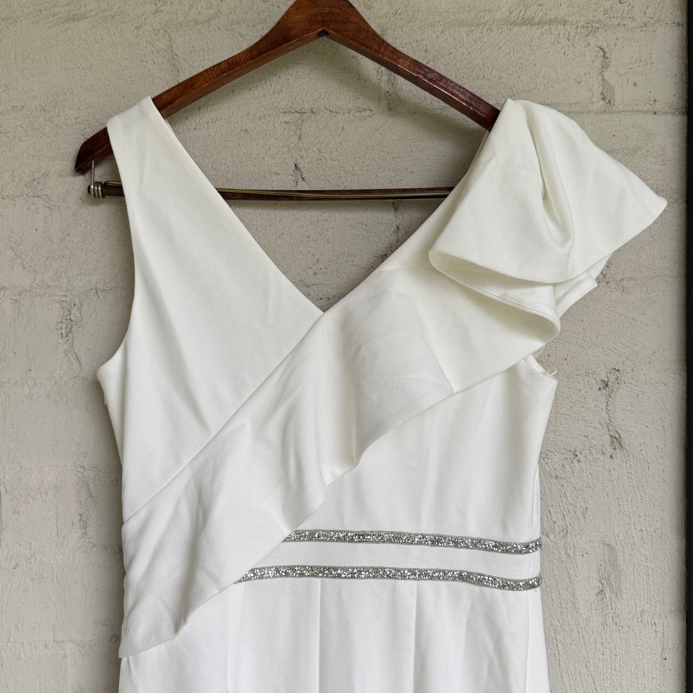 NWT Adrianna Papell Ivory Crepe One-Shoulder Jumpsuit w Crystal Waist (8) - Picture 5 of 12